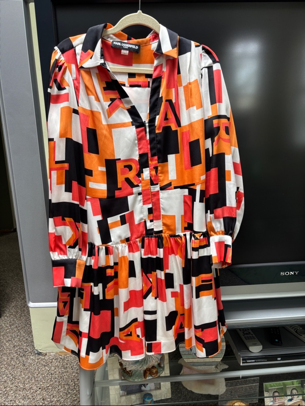 Karl Lagerfeld Orange Black White Graphic Dress EUC